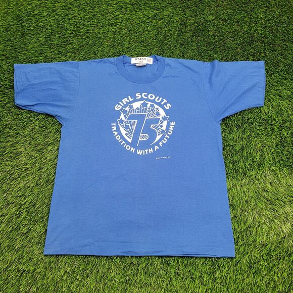 Vintage 1986 Girl Scouts Shirt Womens Large 20x25 Blue - Picture 1 of 13